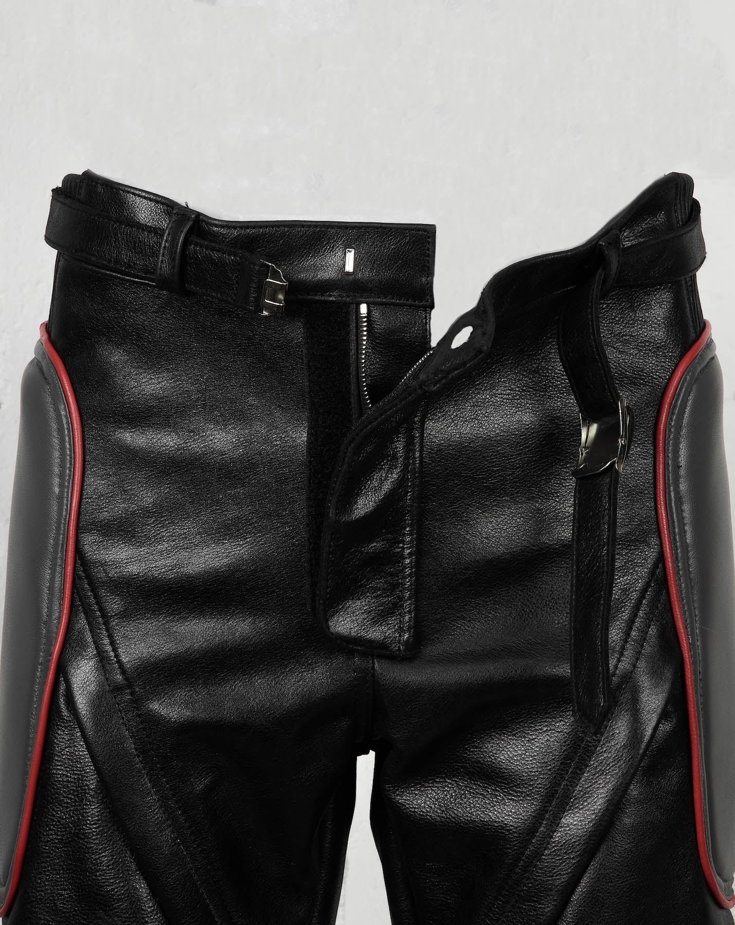 Jaron Baker Moto Pant Leather Studio Flat Lay Waist Detail Unzipped